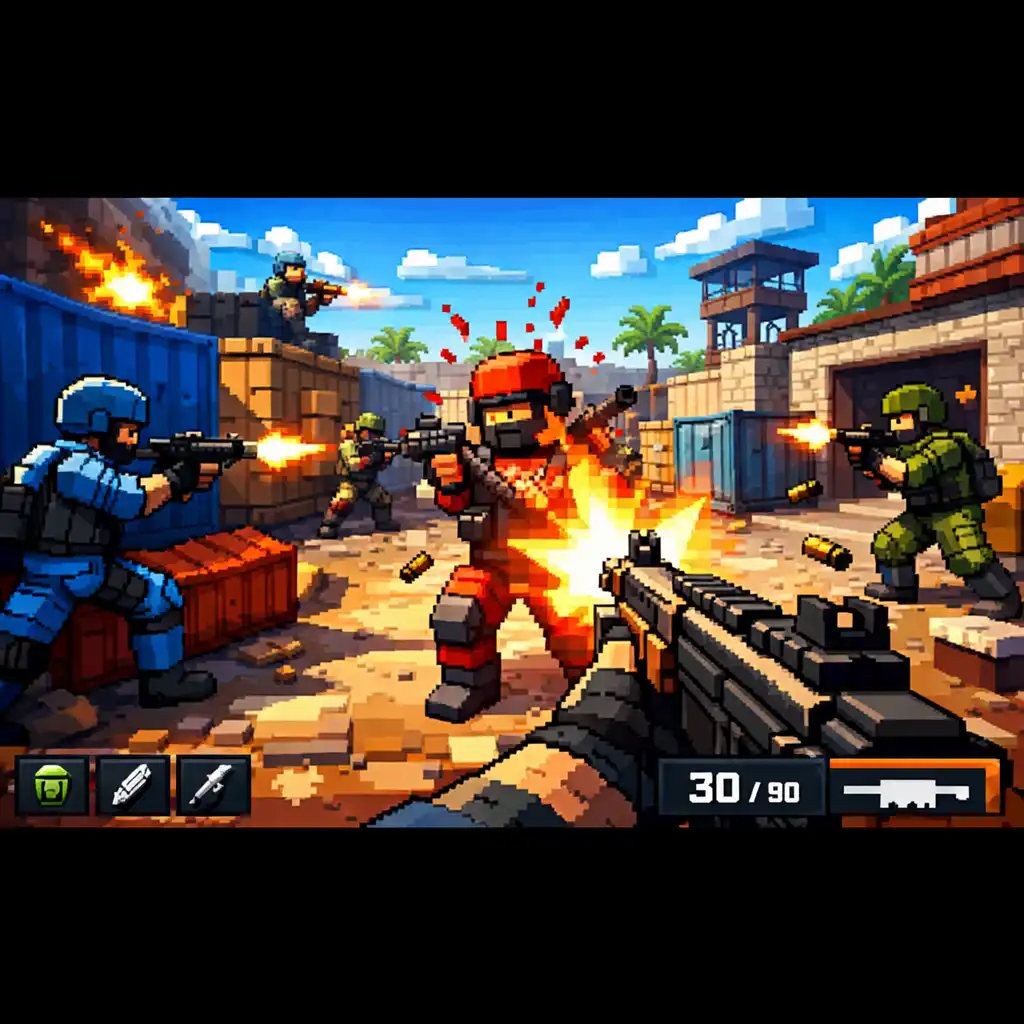 Zrzut ekranu z rozgrywki BLOCKFIELD przedstawiający dynamiczną scenę walki 5v5 w stylistyce pixel art