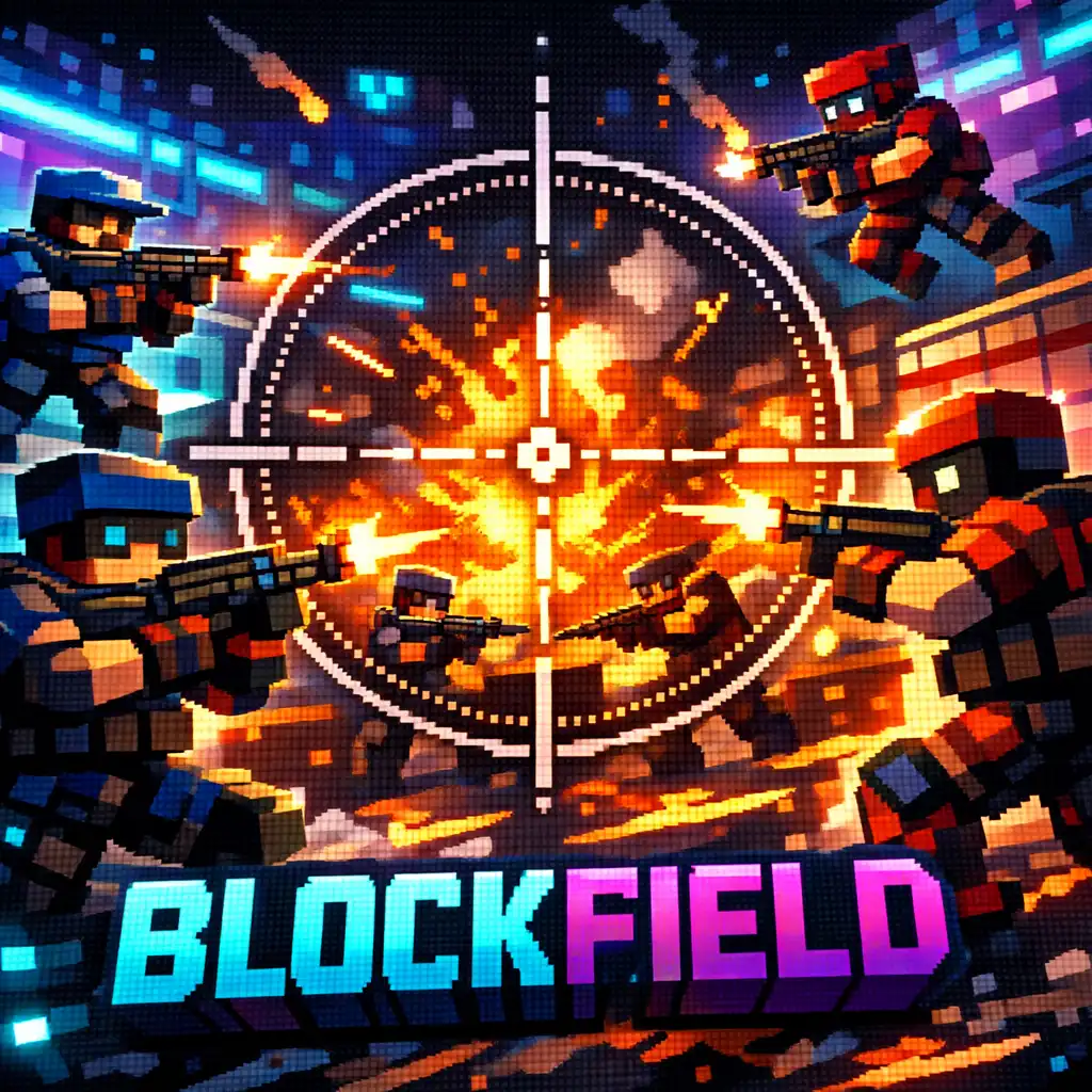 Pikselowa scena bitwy 5v5 w BLOCKFIELD z dwoma drużynami, eksplozjami i neonowymi akcentami