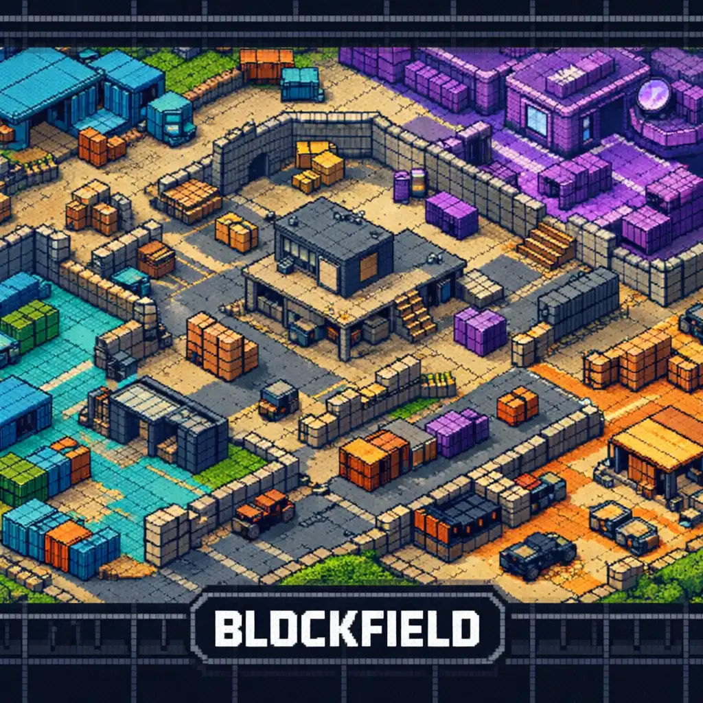 Podgląd pikselowej mapy BLOCKFIELD z widokiem z góry, strukturami i strategicznymi ścieżkami