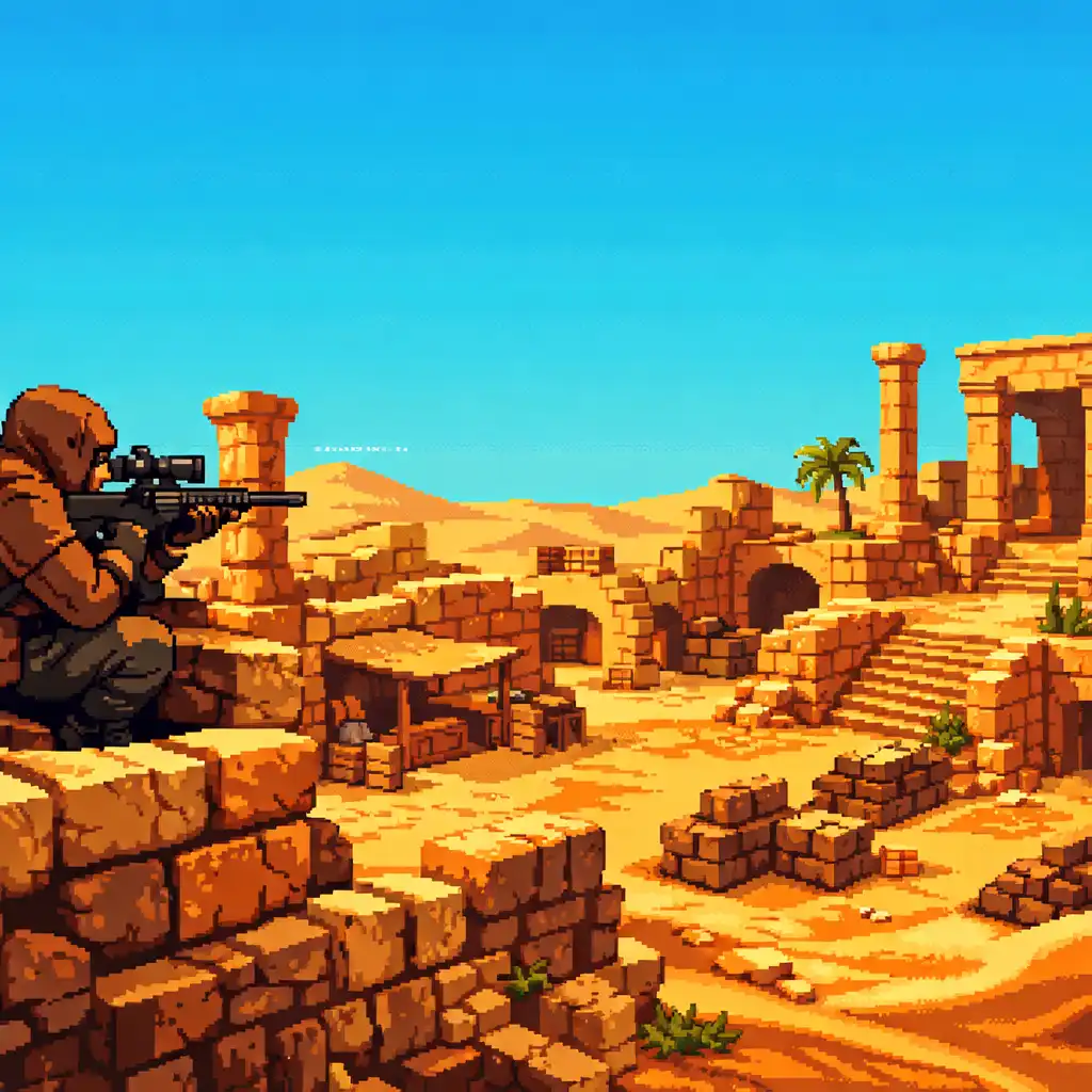 Pixel-artowa scena egzotycznej pustynnej mapy w BLOCKFIELD z ruinami, wydmami i snajperem na stanowisku