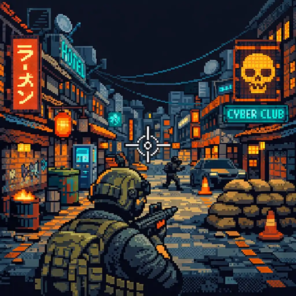 Pixel-artowa scena gęstej miejskiej mapy w grze BLOCKFIELD z wąskimi uliczkami, neonami i graffiti