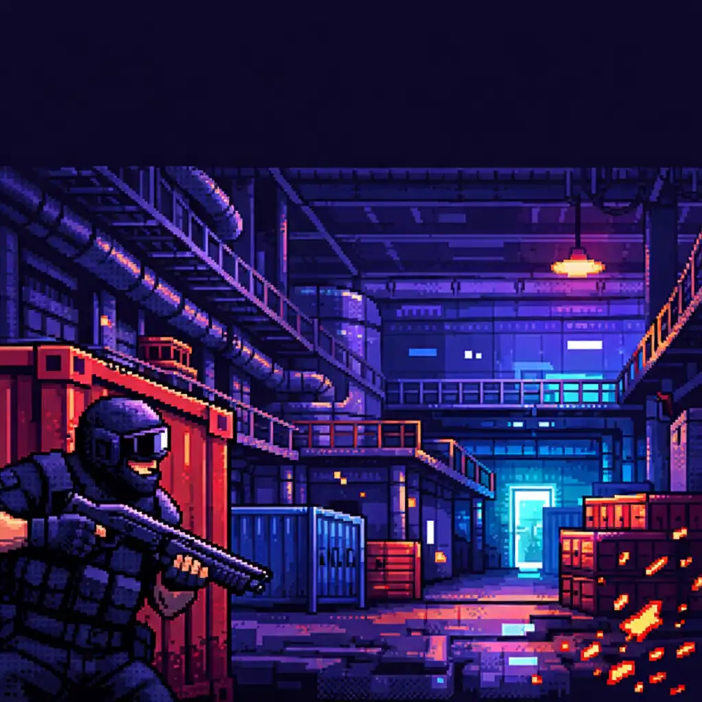 Pixel-artowa scena przemysłowej mapy w BLOCKFIELD z halami fabrycznymi, metalowymi kładkami i kontenerami